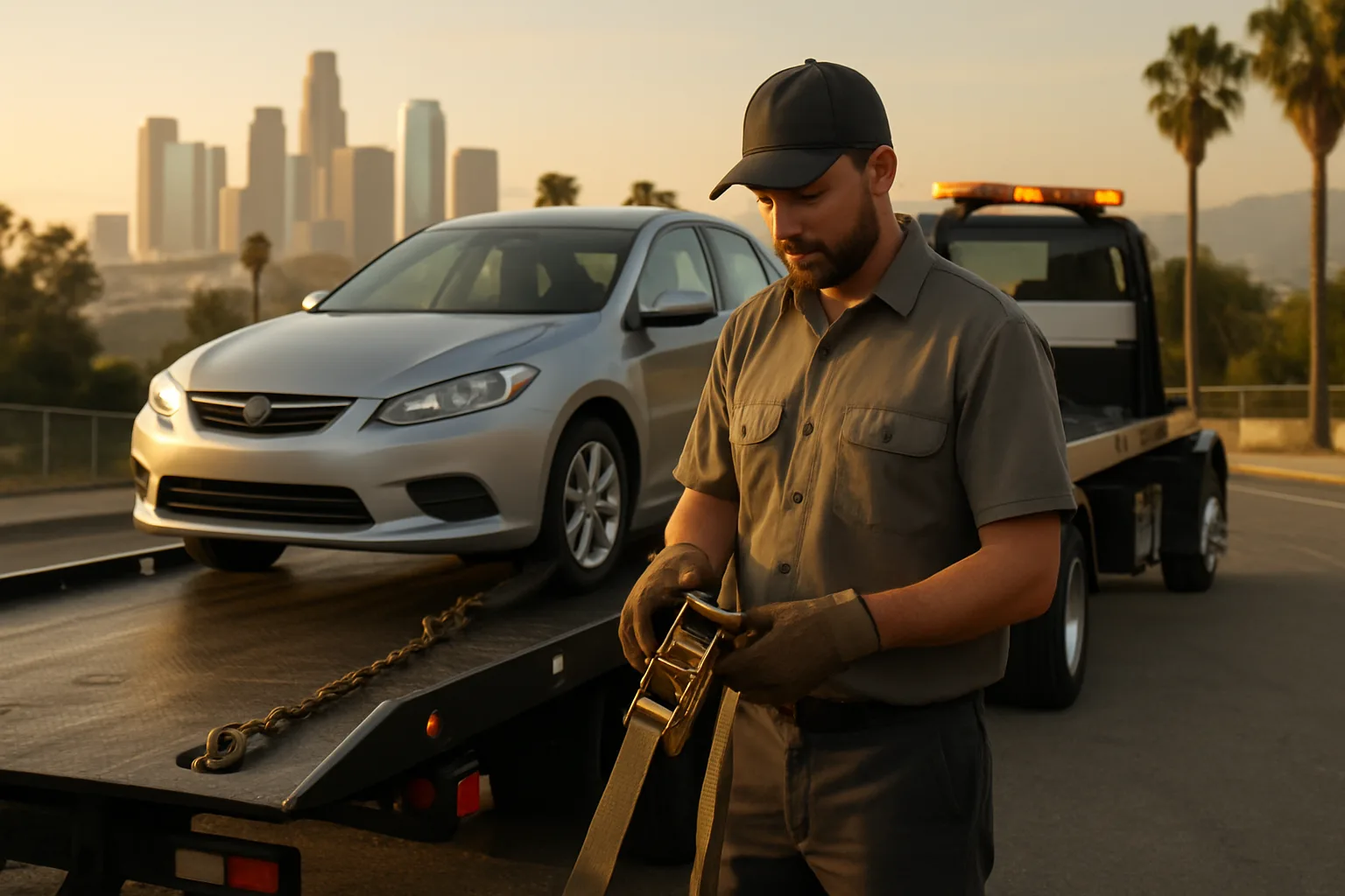 Professional tow operator inspecting equipment beside a tow truck and passenger car in Los Angeles