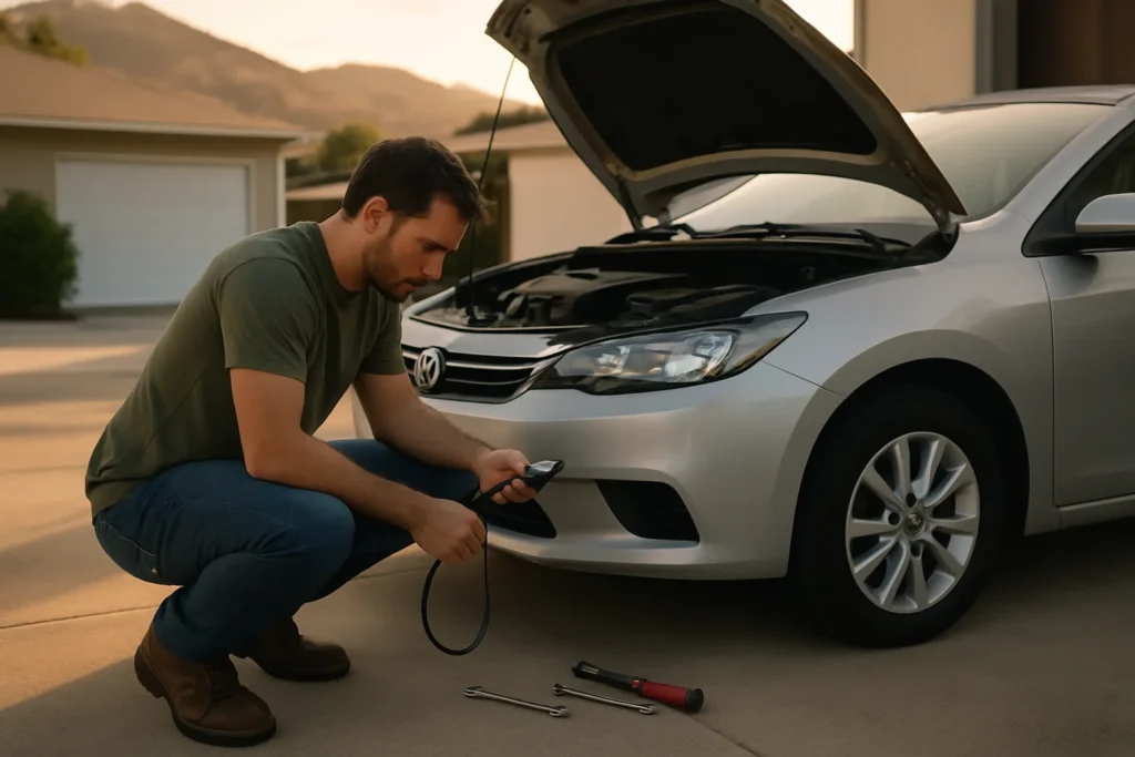 Driver checking tire pressure and fluids during preventive maintenance at golden hour