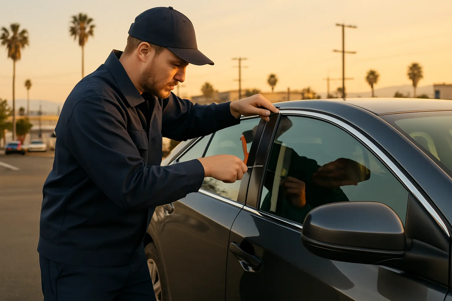Roadside technician carefully unlocking a passenger car in a Los Angeles parking lot