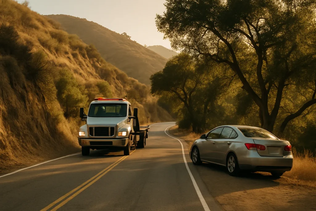 Tow truck approaching a disabled car on a winding Los Angeles canyon road at golden hour