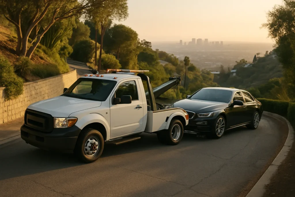 Tow truck carefully positioned on a narrow Hollywood Hills residential road at golden hour