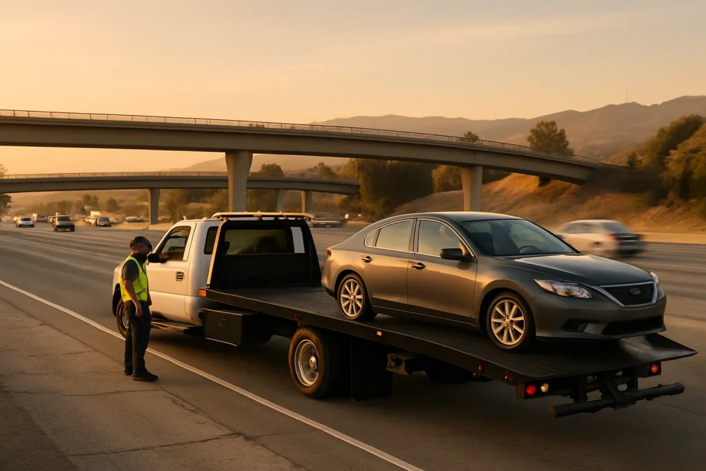 Tow truck assisting a car on a Los Angeles freeway shoulder at golden hour