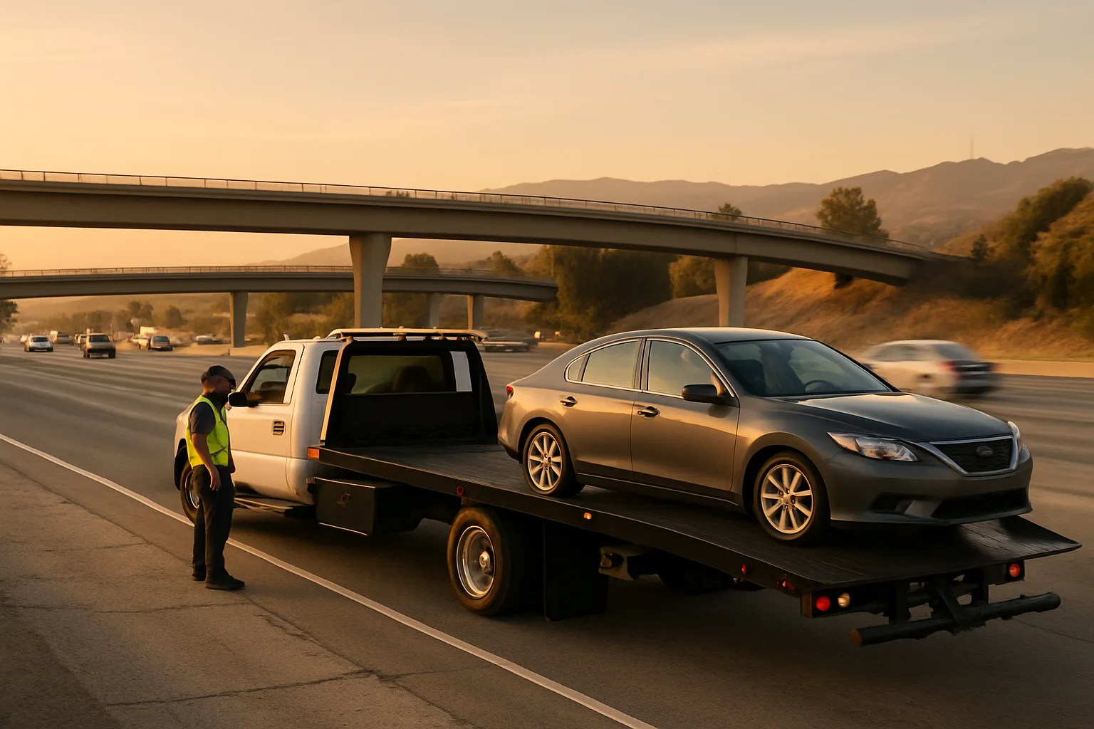 Tow truck assisting a car on a Los Angeles freeway shoulder at golden hour
