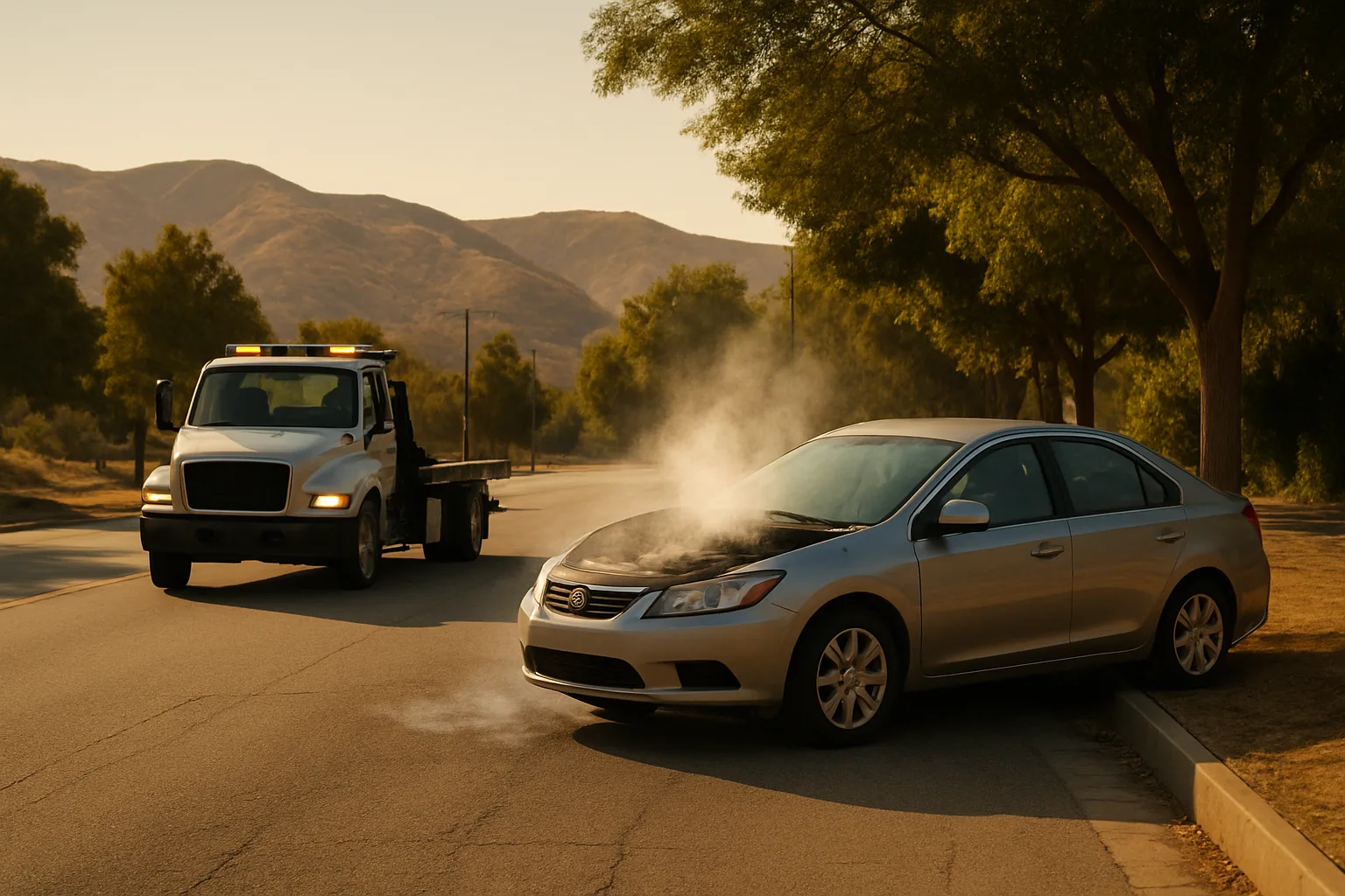Overheating car safely stopped as a tow truck arrives in the San Fernando Valley at golden hour