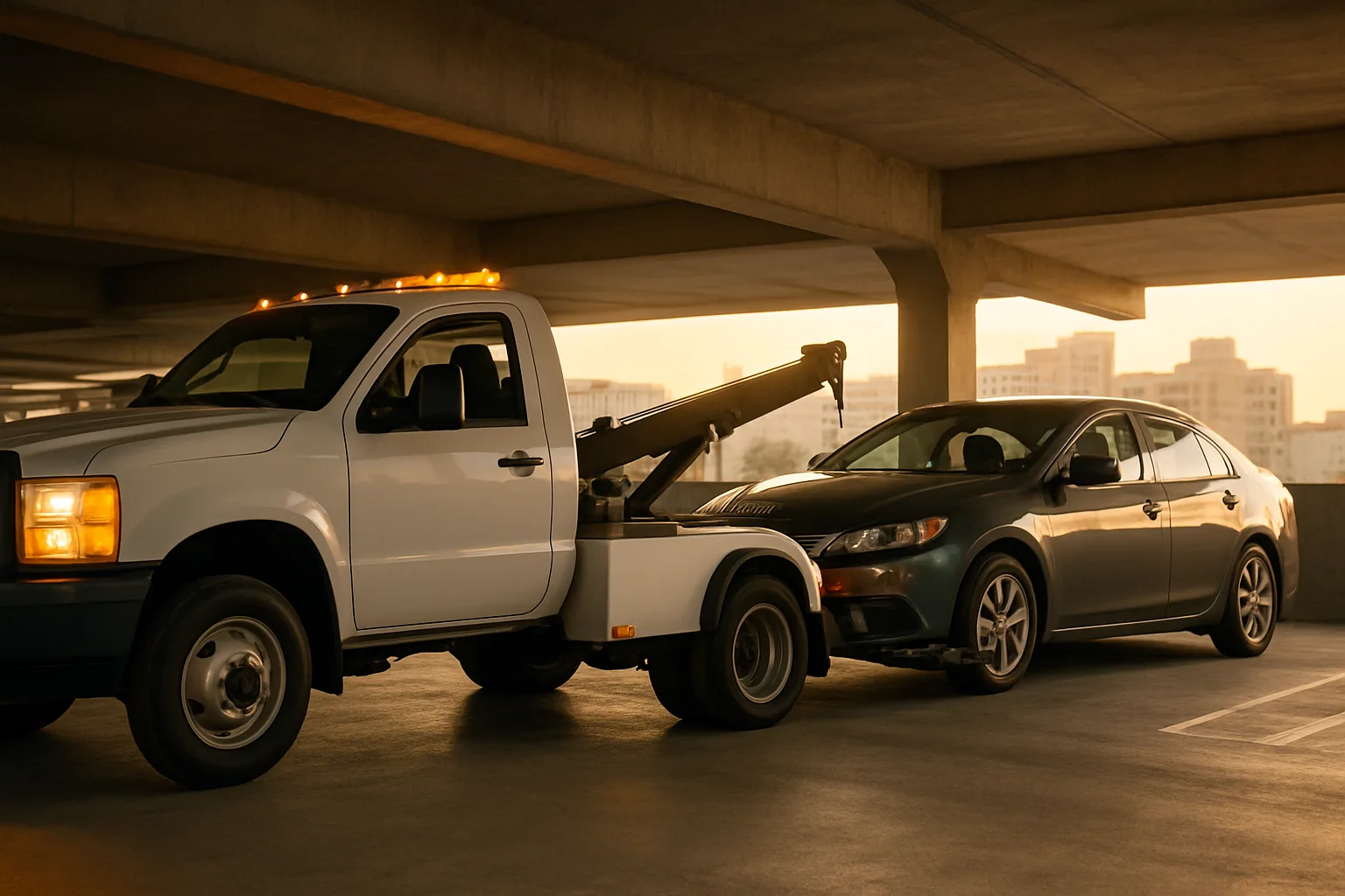 Compact tow truck assisting a car inside a low-clearance Los Angeles parking garage