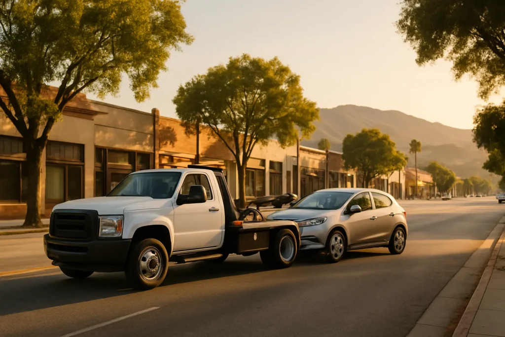 Tow truck assisting a car on an urban street in the Pasadena and northeast Los Angeles corridor
