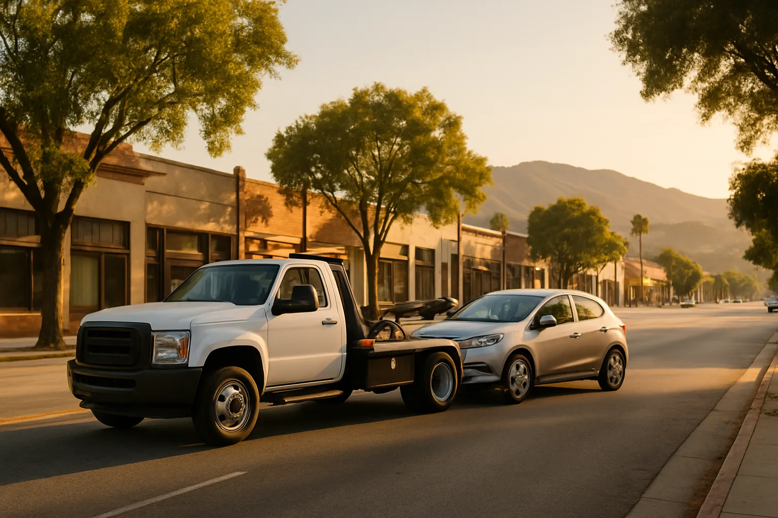 Tow truck assisting a car on an urban street in the Pasadena and northeast Los Angeles corridor