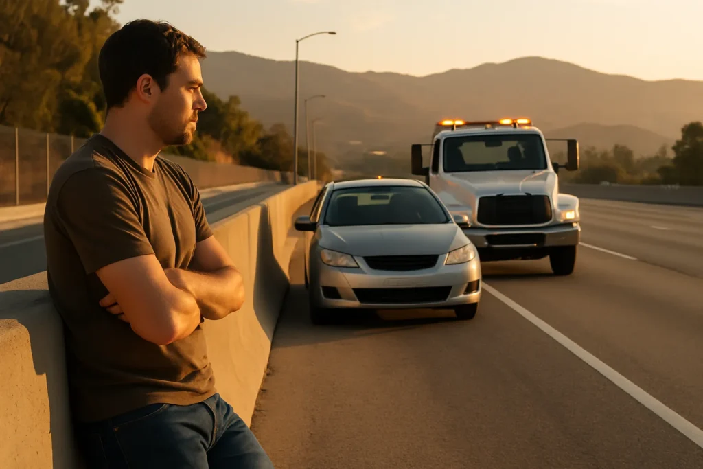 Driver waiting safely behind a barrier as a tow truck approaches on a Los Angeles road