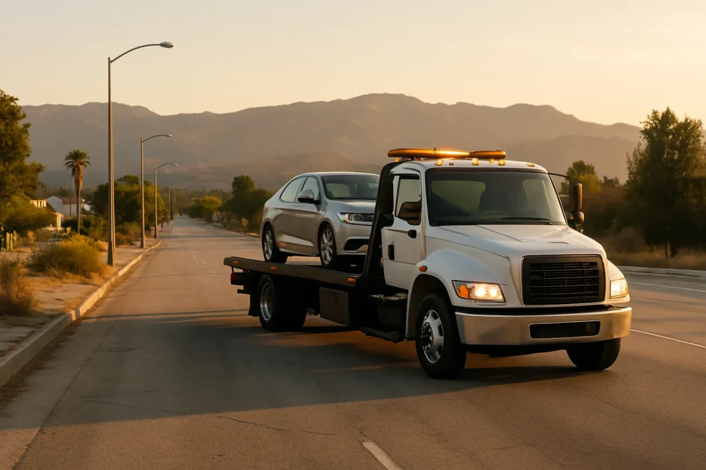 Tow truck assisting a disabled car on a San Fernando Valley road at golden hour