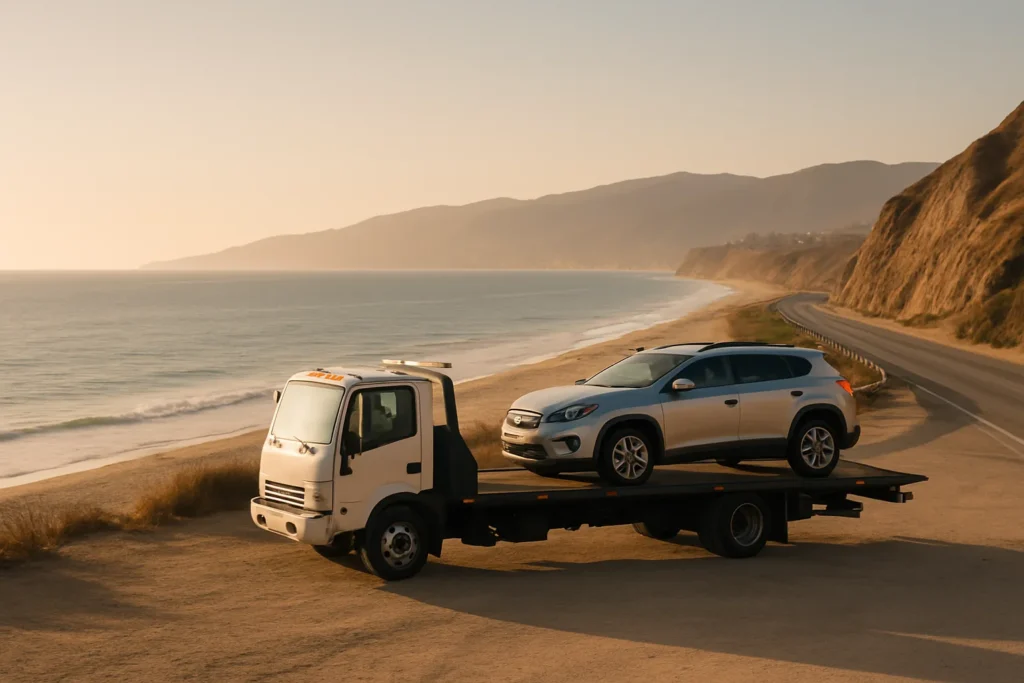 Flatbed tow truck assisting a car along the Santa Monica and Pacific Palisades coast at golden hour