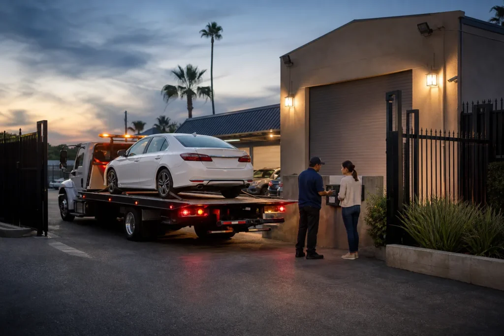 Flatbed tow truck delivering a white sedan to a closed Los Angeles repair shop at dusk
