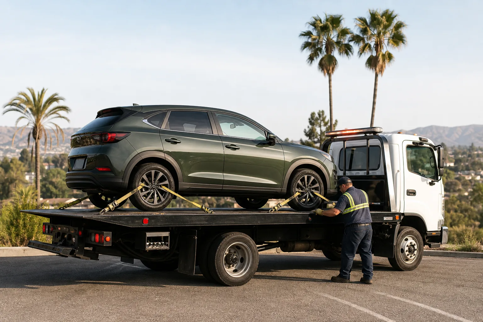All-wheel-drive crossover secured on a flatbed tow truck in Los Angeles