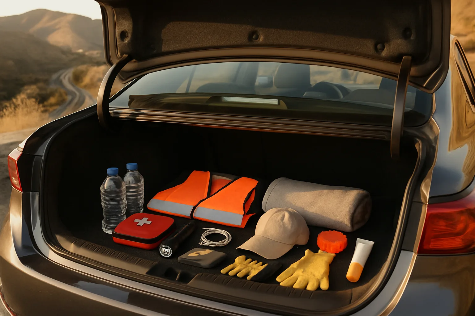 Car breakdown emergency kit arranged in an open trunk near a Los Angeles canyon road