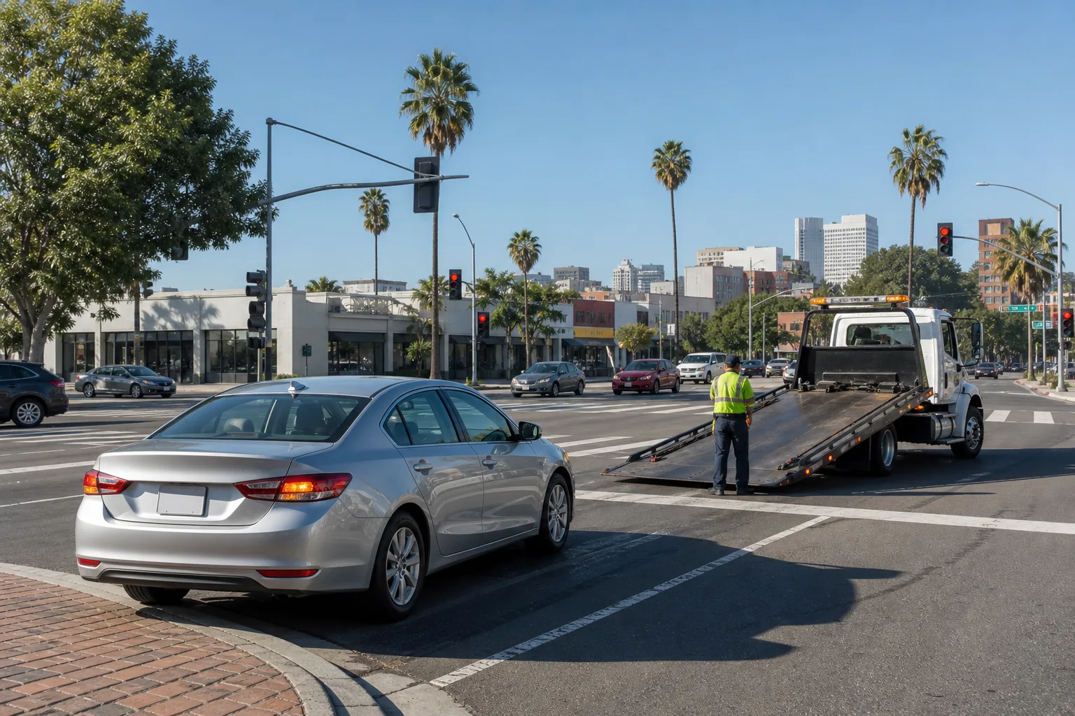 Flatbed tow truck approaching a stalled silver sedan at a Los Angeles intersection
