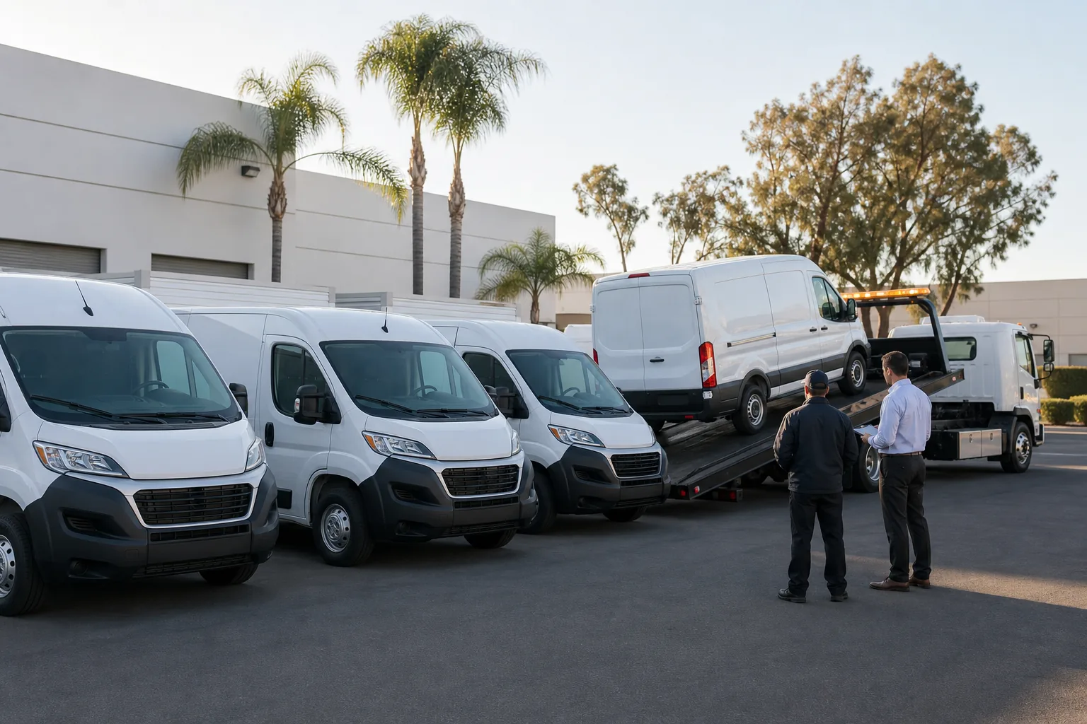 Fleet service van loading onto a flatbed tow truck at a Los Angeles business lot