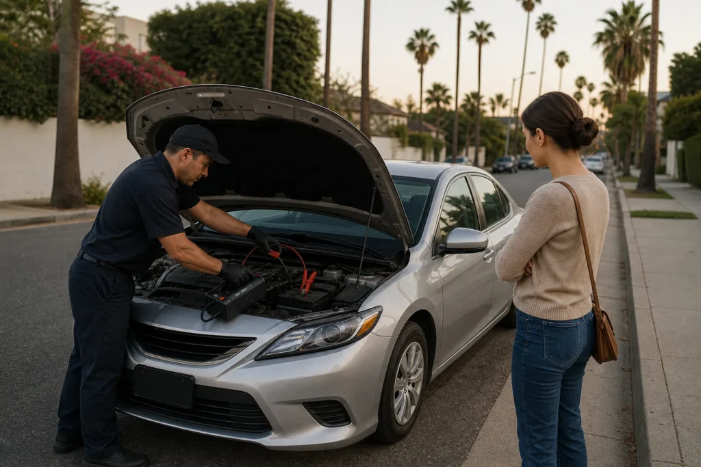 Technician jump-starting a car battery on a Los Angeles street