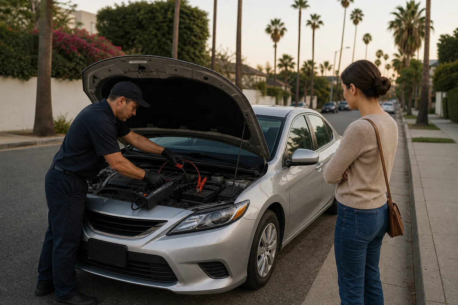 Technician jump-starting a car battery on a Los Angeles street