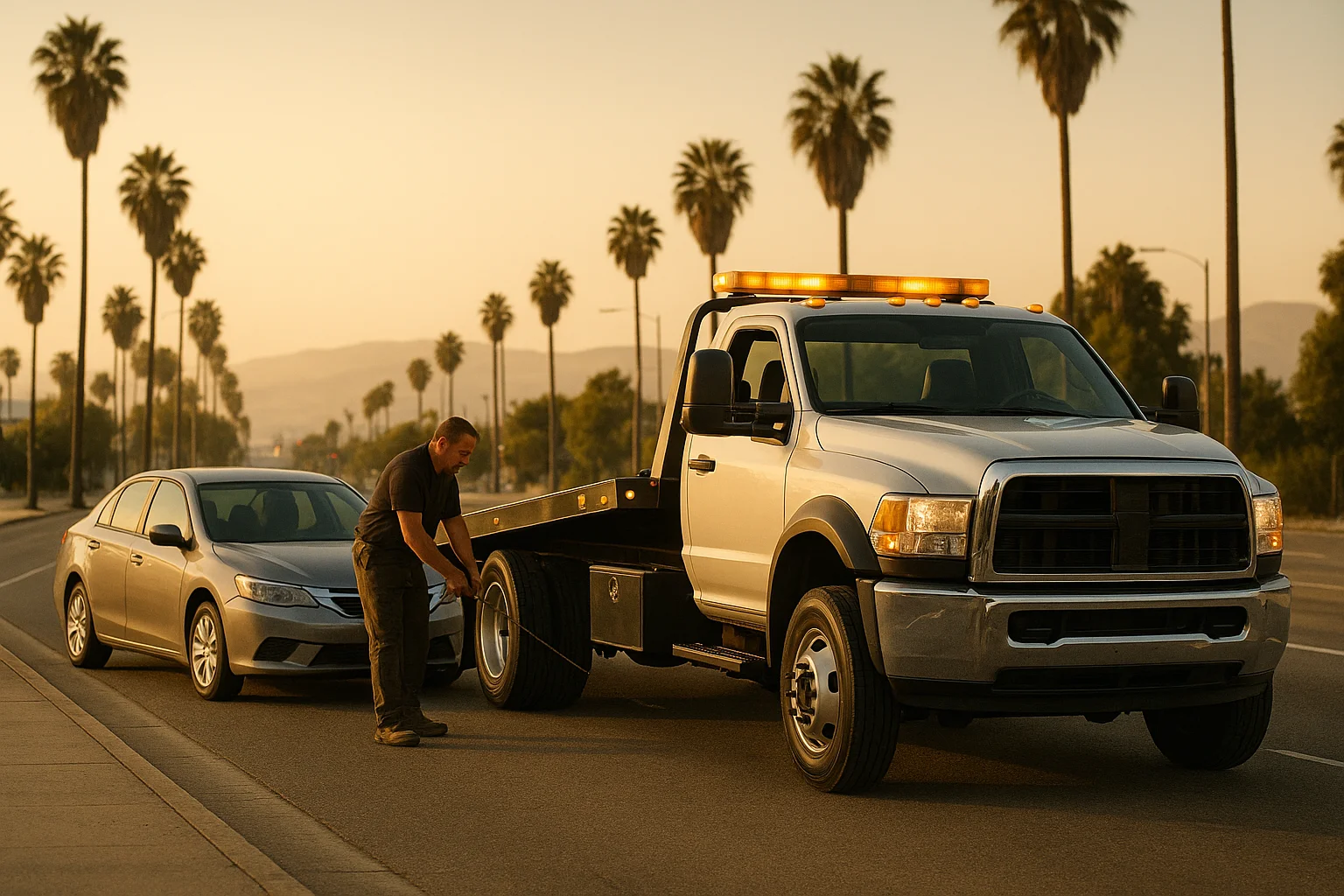 Emergency tow truck responding to a disabled car in Los Angeles