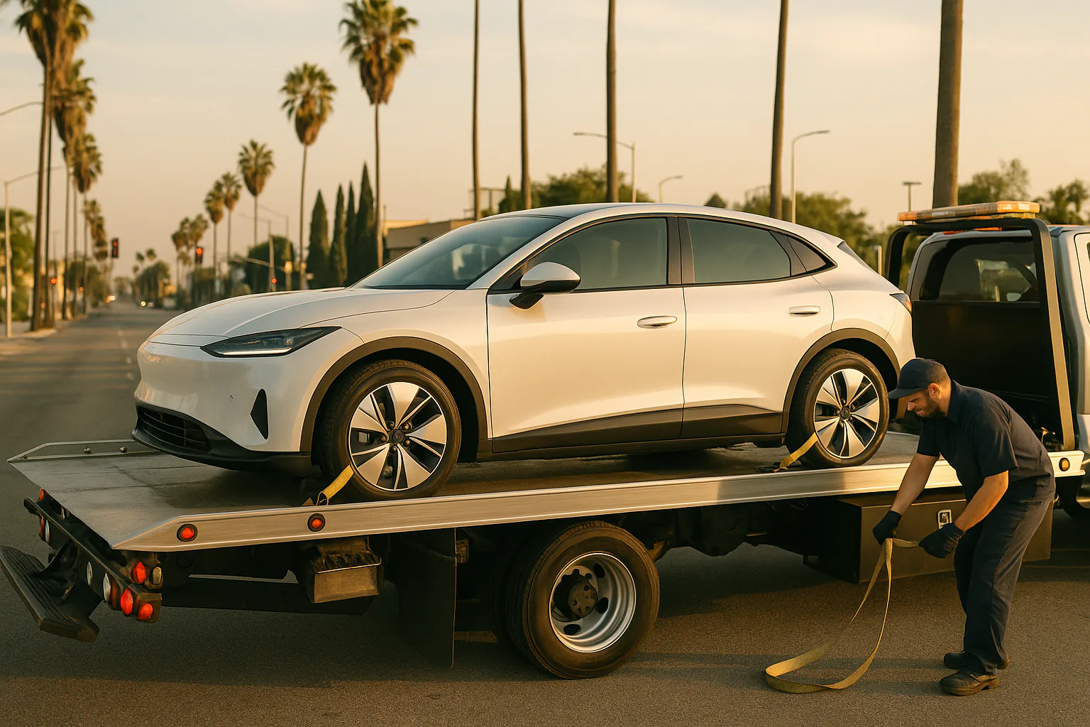 Electric vehicle secured on a flatbed tow truck on a Los Angeles road