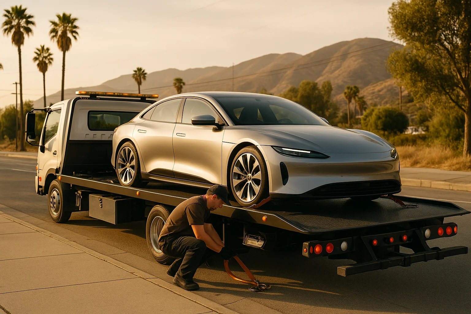 Luxury electric sedan secured on a flatbed tow truck in Los Angeles
