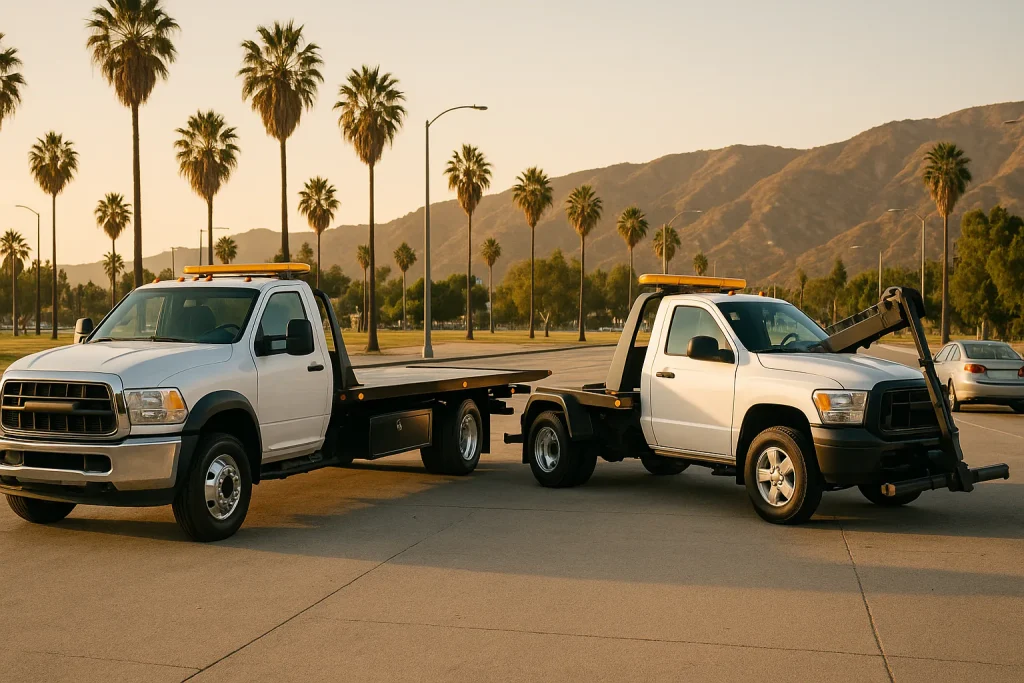 Flatbed and wheel-lift tow trucks staged on a Los Angeles road