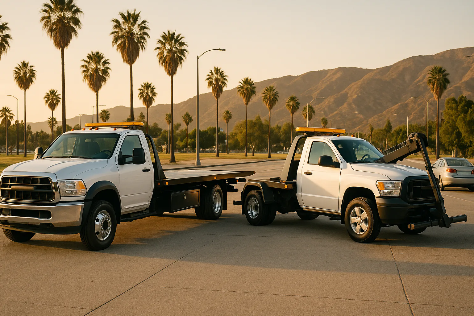 Flatbed and wheel-lift tow trucks staged on a Los Angeles road
