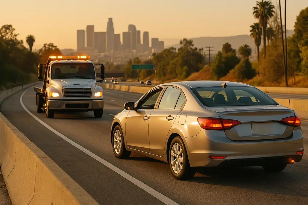 Tow truck approaching a disabled car safely parked on a Los Angeles freeway shoulder