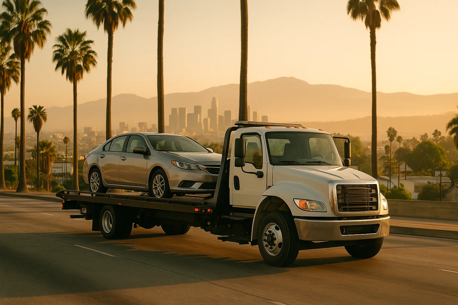 Flatbed tow truck providing general towing services in Los Angeles