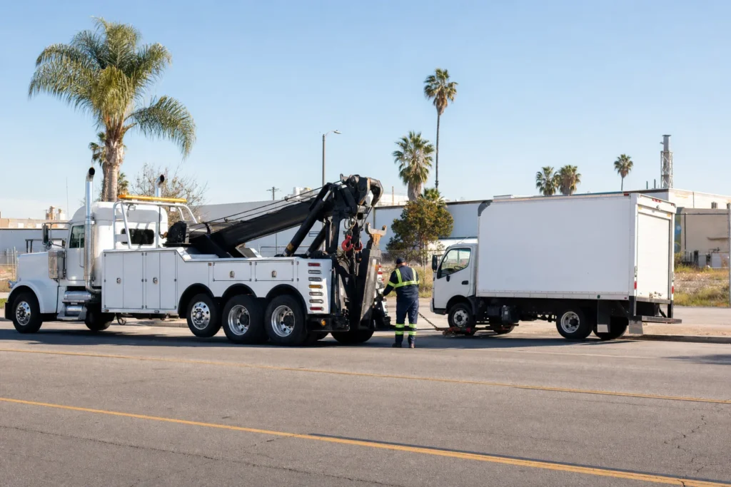 Heavy-duty tow truck assisting a box truck on a Los Angeles industrial street