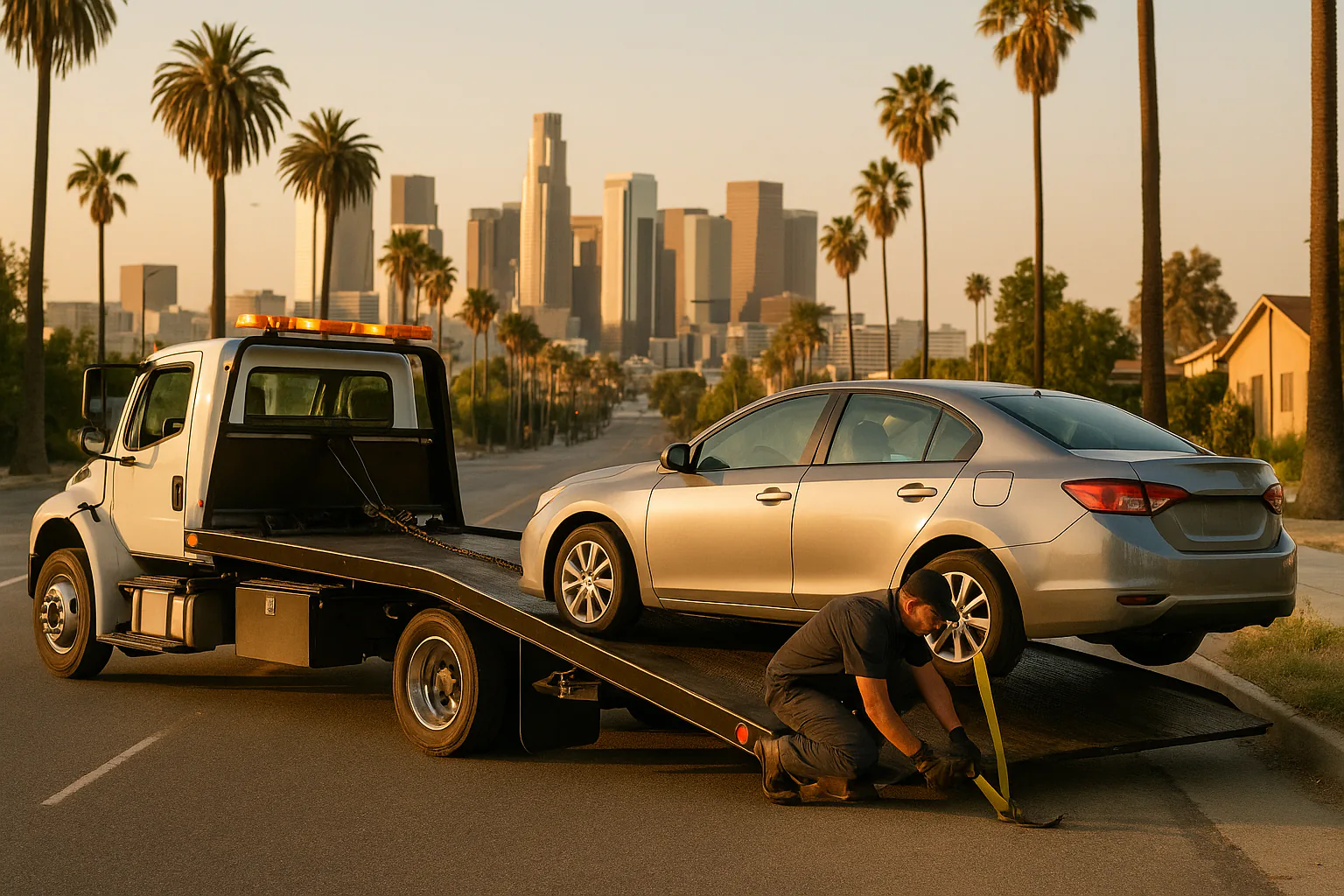 Flatbed tow truck loading a disabled car on a Los Angeles road at golden hour