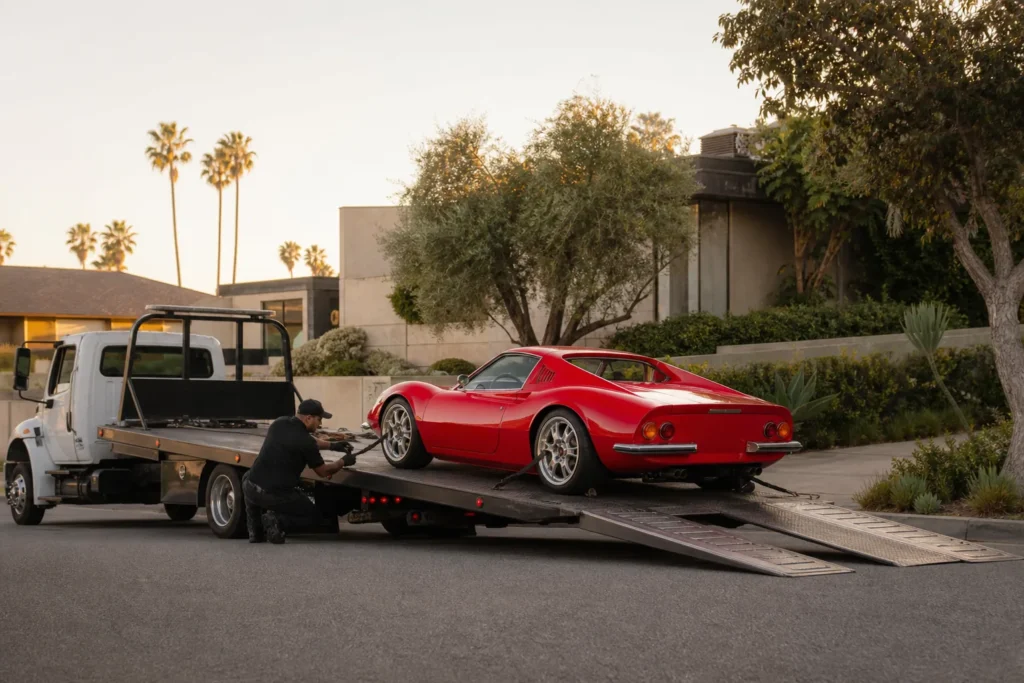 Low-clearance red sports car secured on a flatbed tow truck in Los Angeles