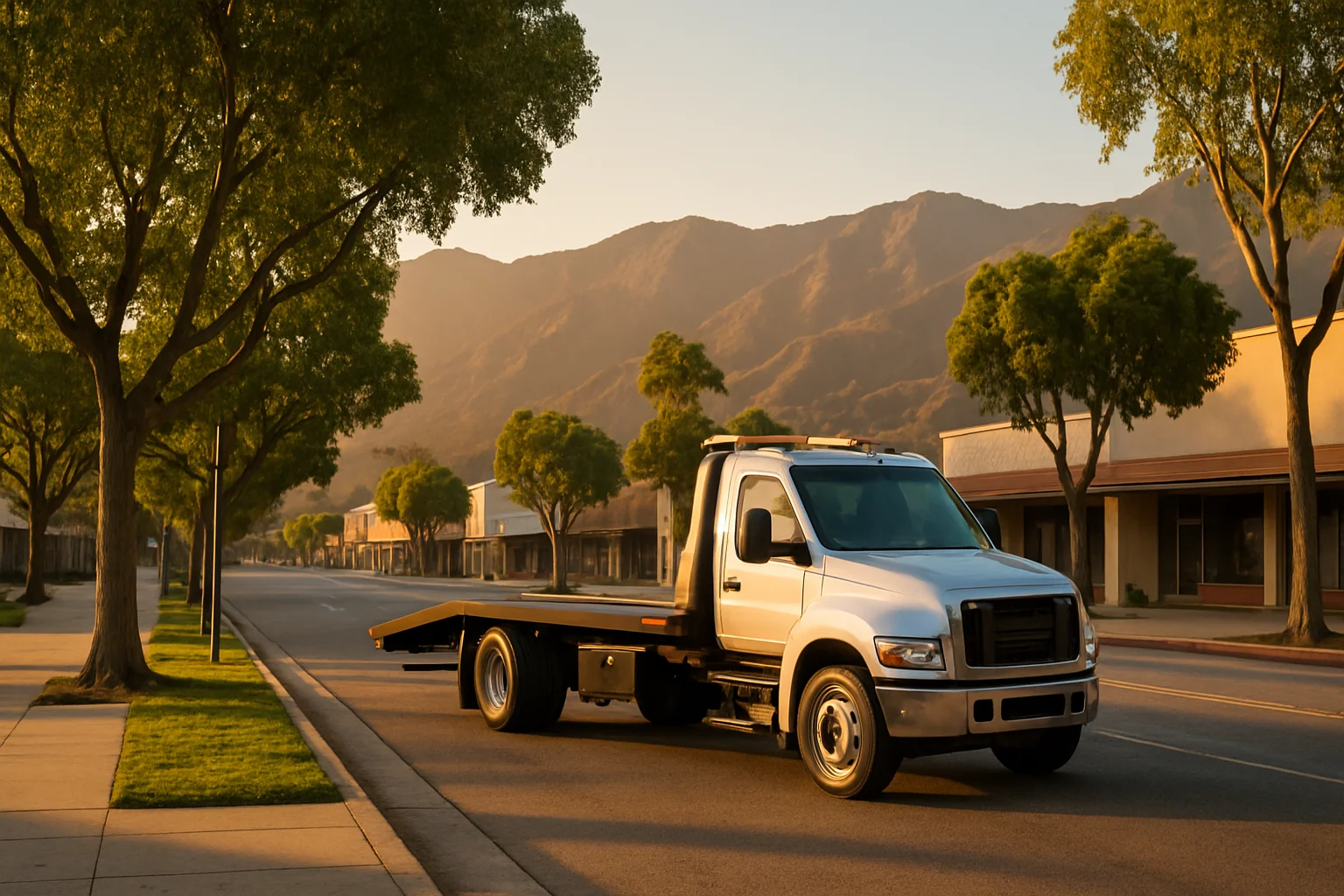 Flatbed tow truck in Arcadia, California