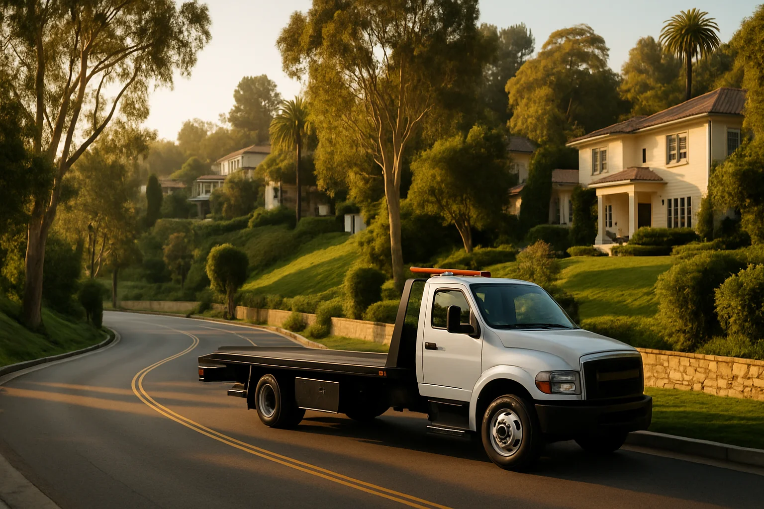 Flatbed tow truck in Bel Air, California