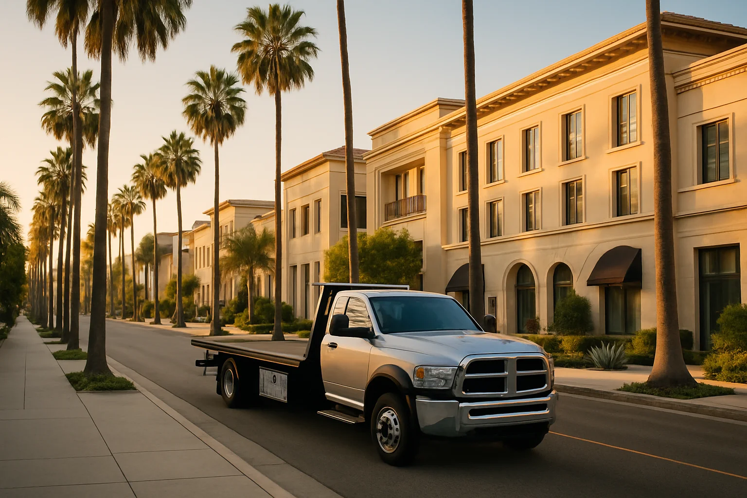 Flatbed tow truck in Beverly Hills, California