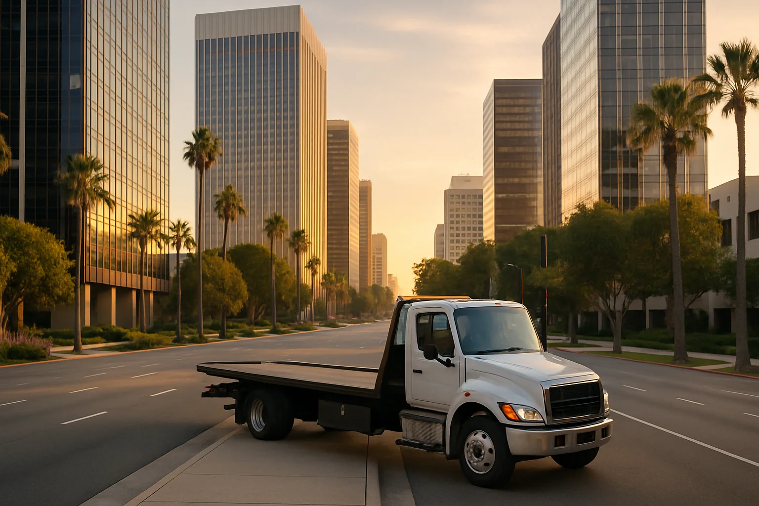 Flatbed tow truck in Century City, California