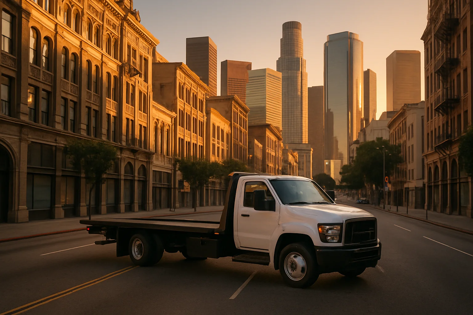 Flatbed tow truck in Downtown LA, California