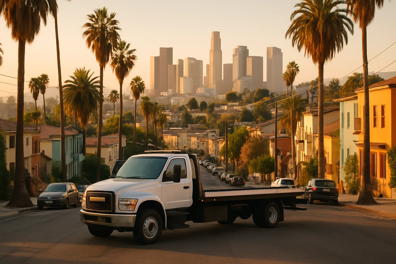 Flatbed tow truck in Echo Park, California