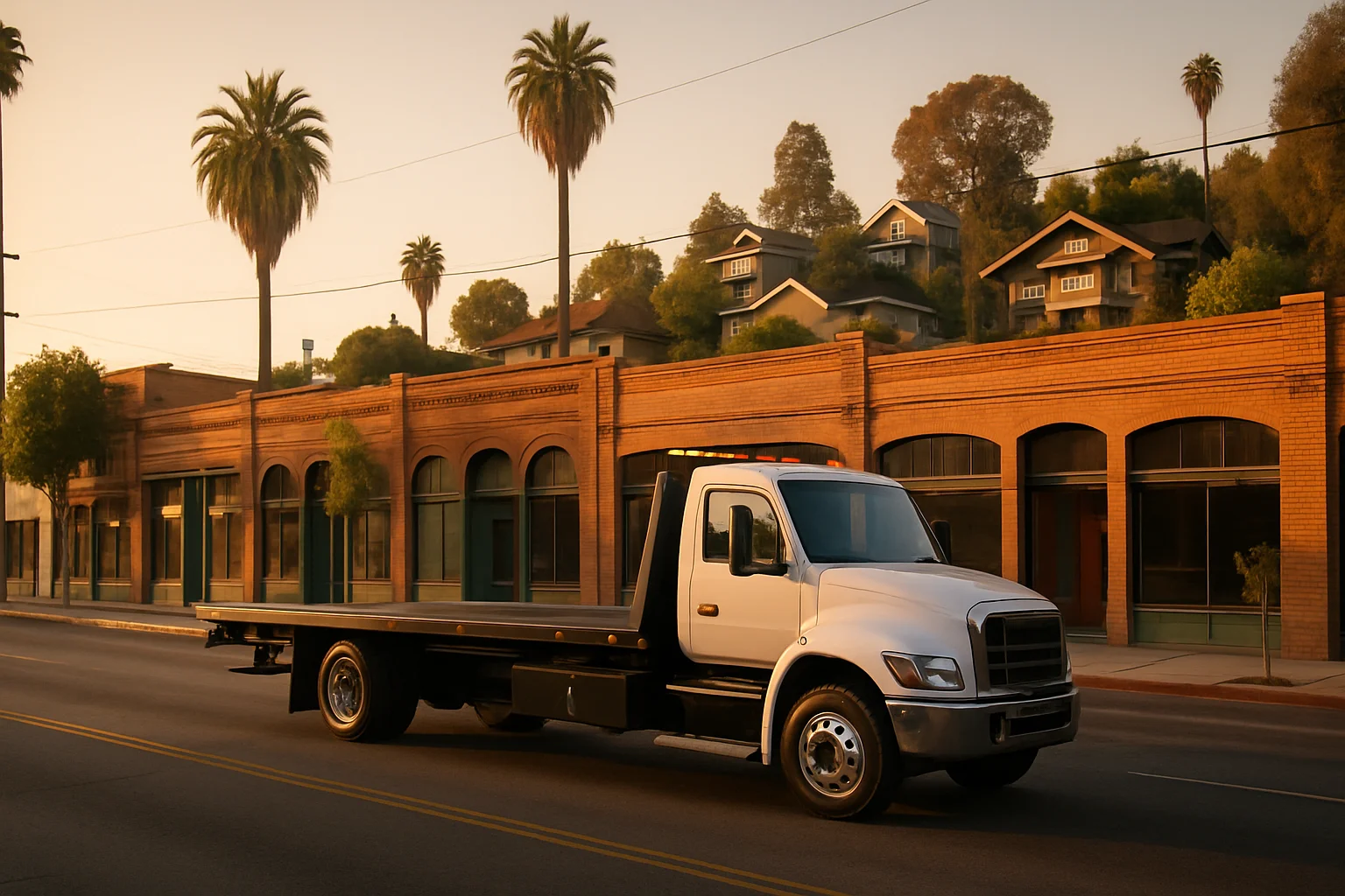Flatbed tow truck in Highland Park, California