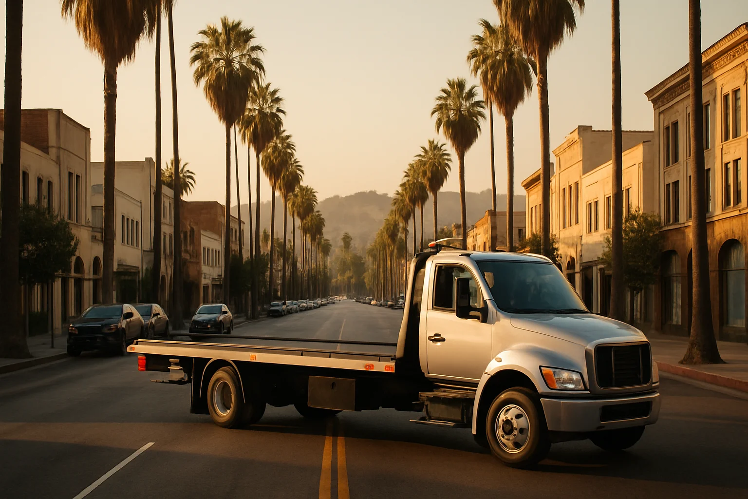 Flatbed tow truck in Hollywood, California