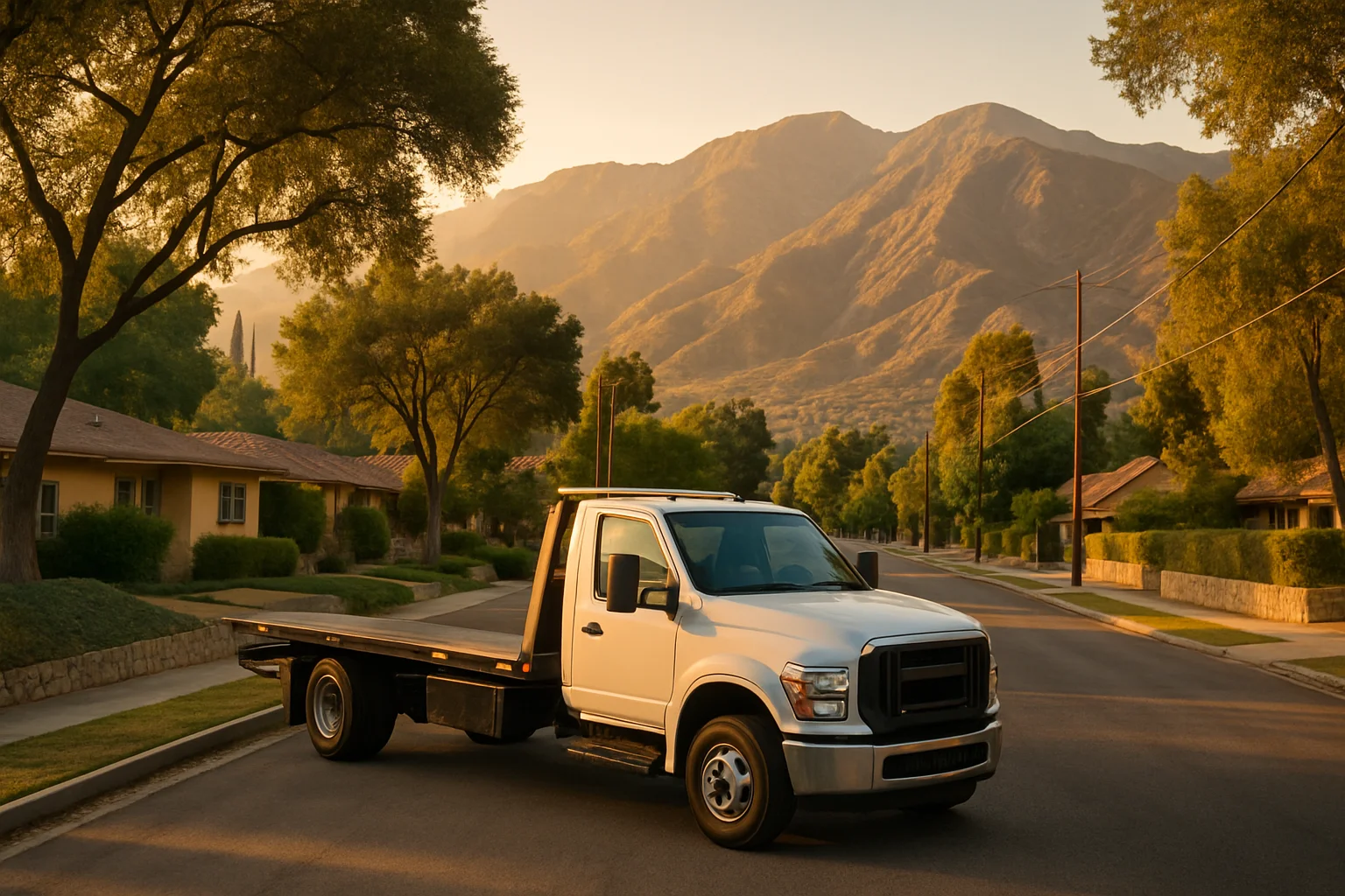 Flatbed tow truck in La Cañada, California