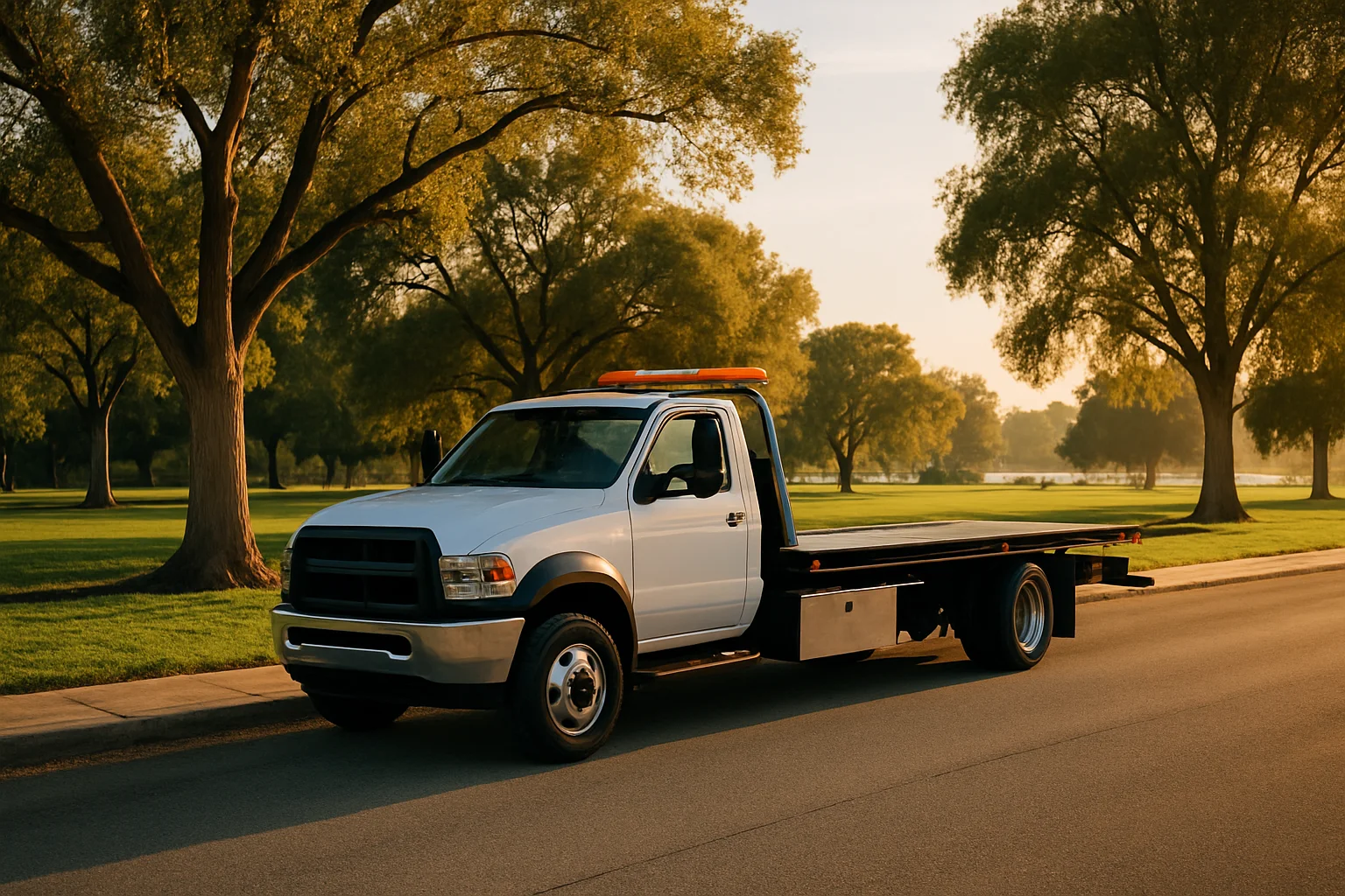 Flatbed tow truck in Lake Balboa, California