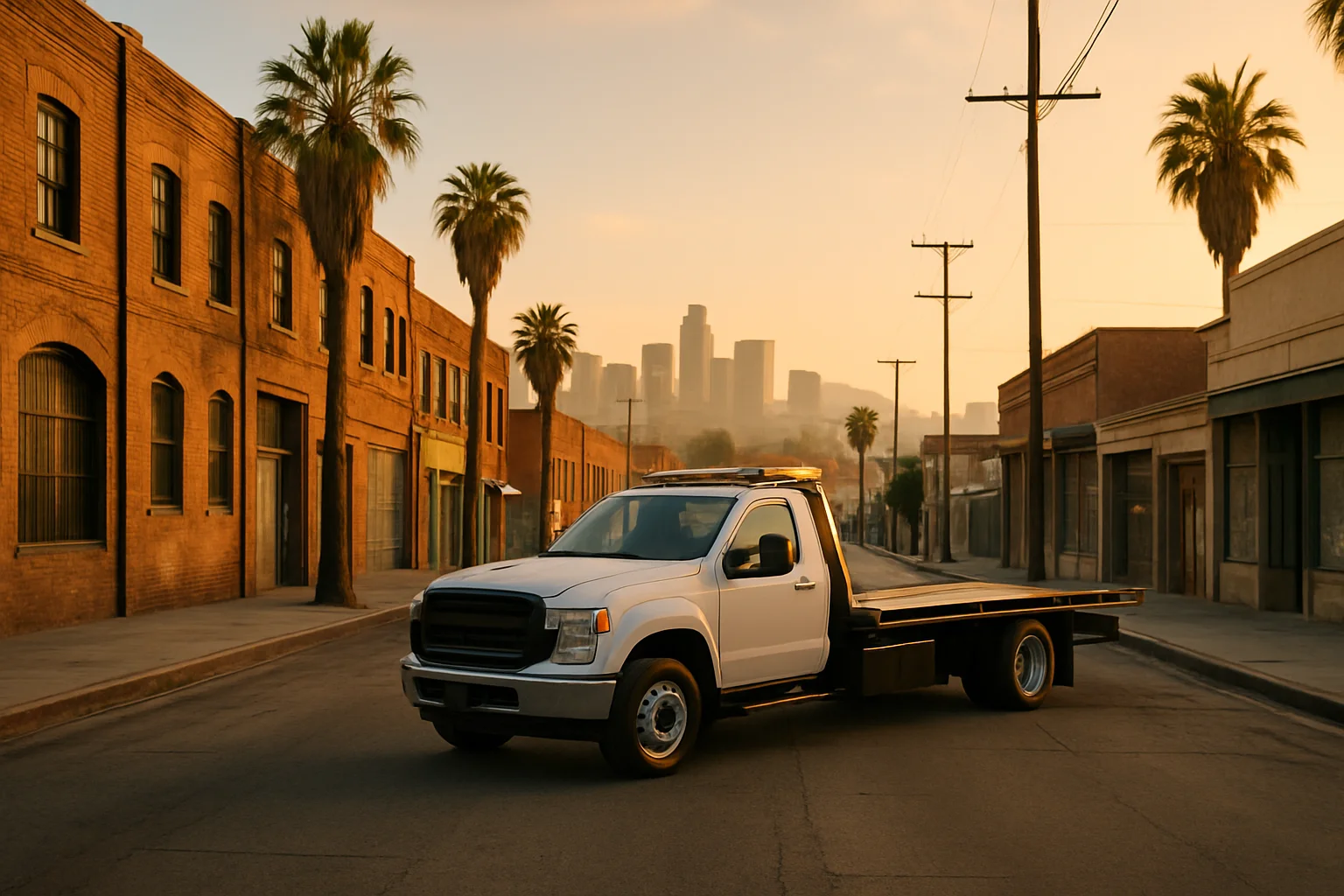 Flatbed tow truck in Lincoln Heights, California