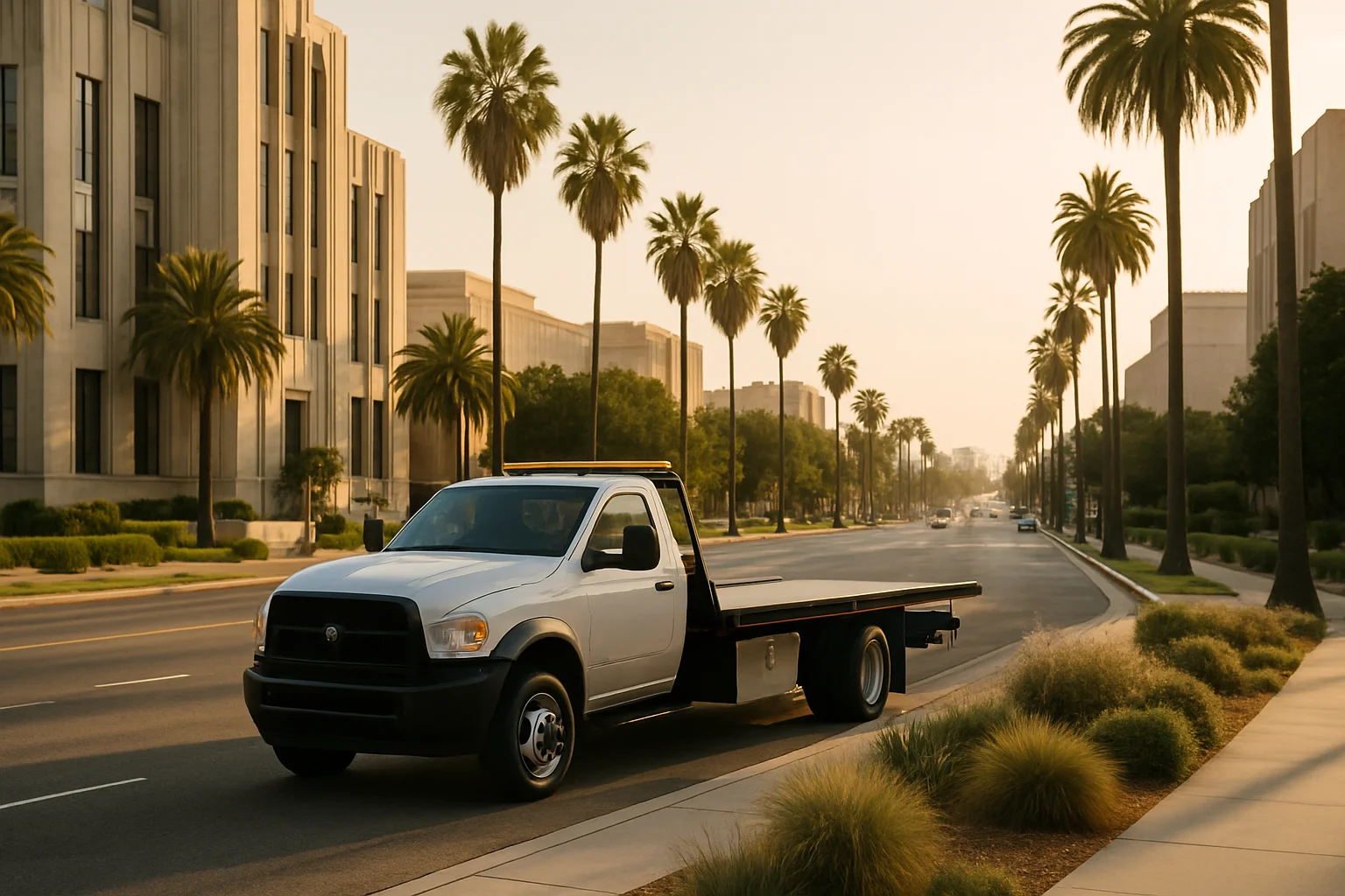 Flatbed tow truck in Mid-Wilshire, California