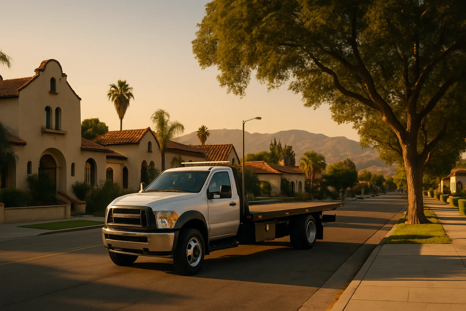 Flatbed tow truck in Mission Hills, California