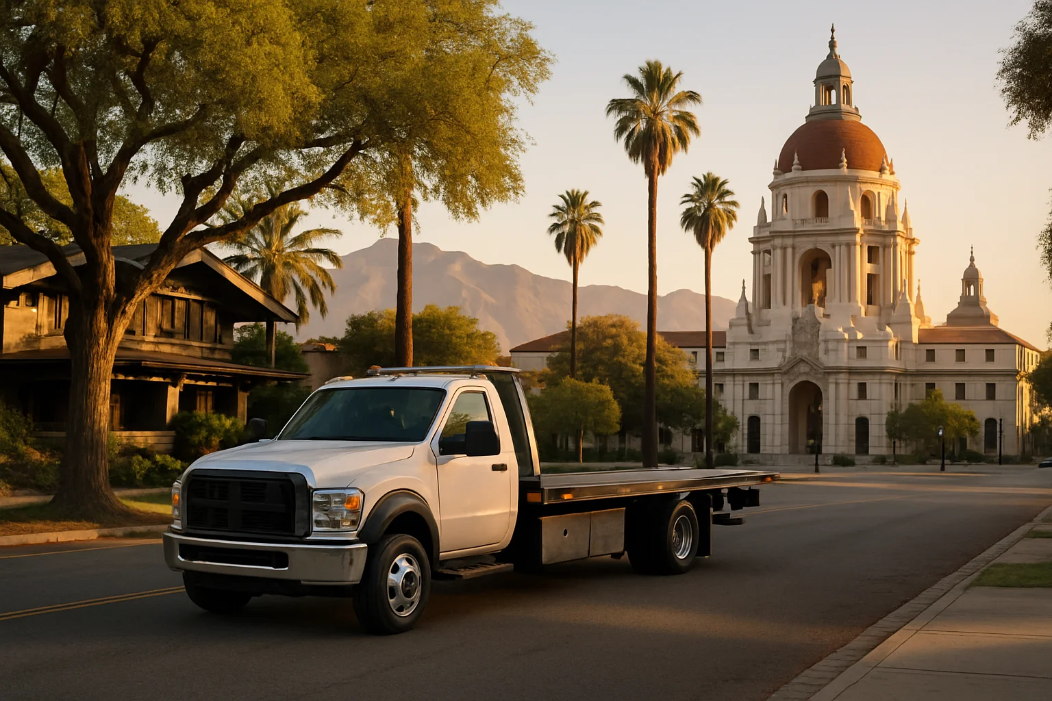 Flatbed tow truck in Pasadena, California