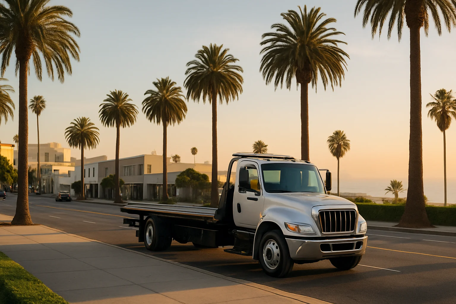 Flatbed tow truck in Santa Monica, California