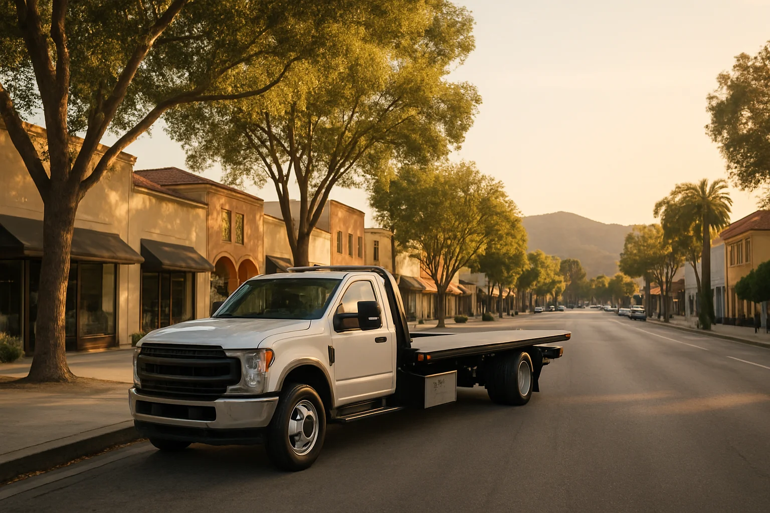 Flatbed tow truck in Tarzana, California