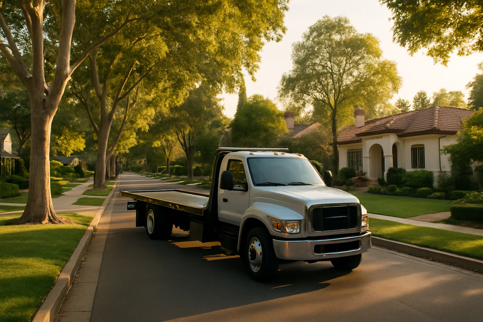 Flatbed tow truck in Toluca Lake, California