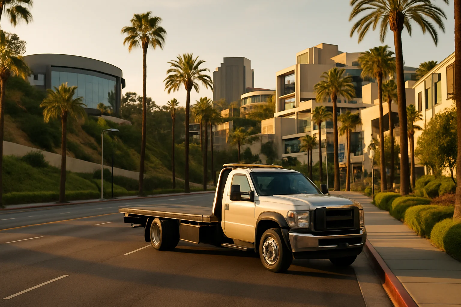 Flatbed tow truck in Universal City, California