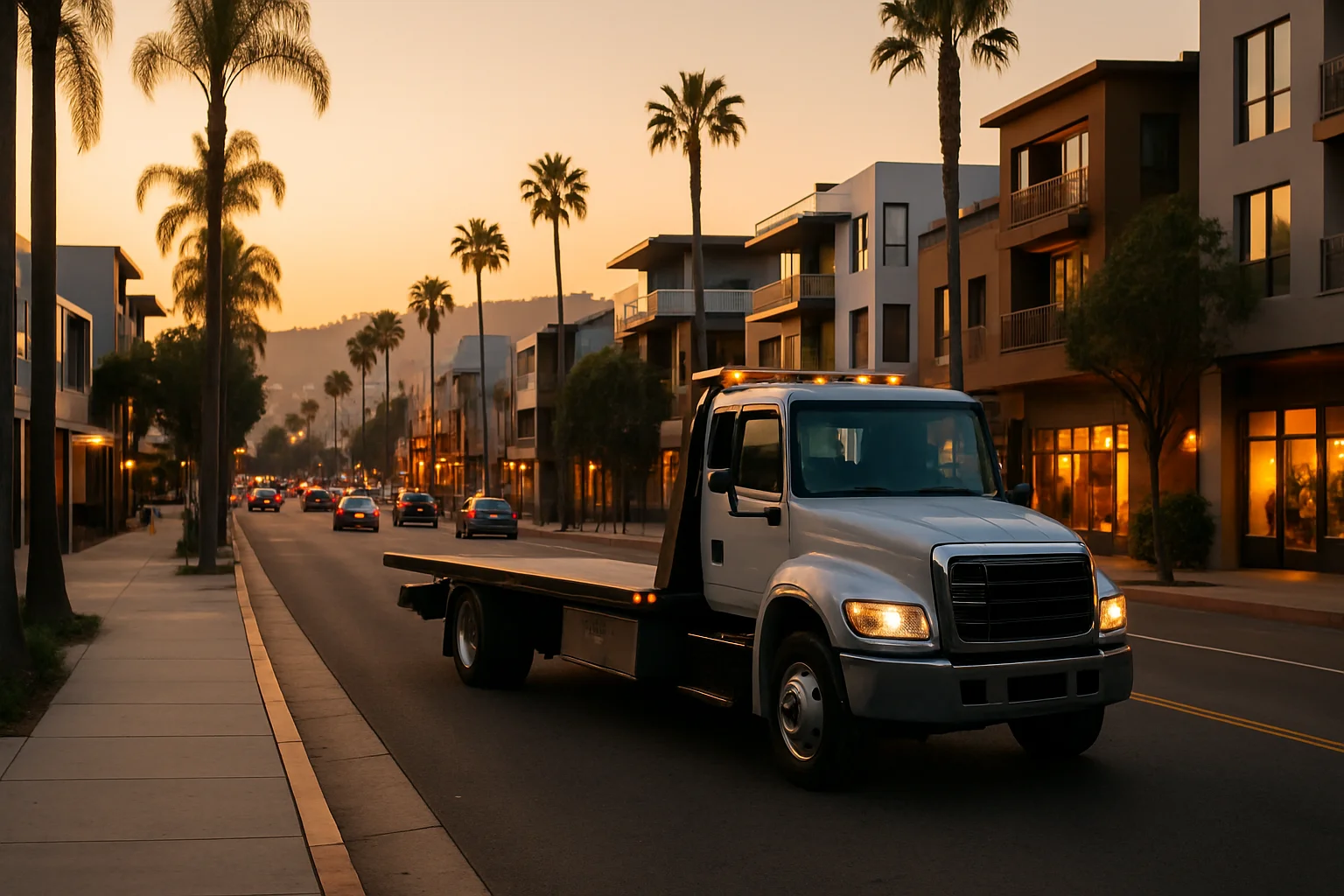 Flatbed tow truck in West Hollywood, California